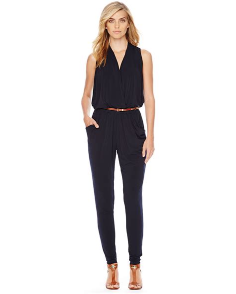 michael kors jumpsuit navy blue|michael kors belted denim jumpsuit.